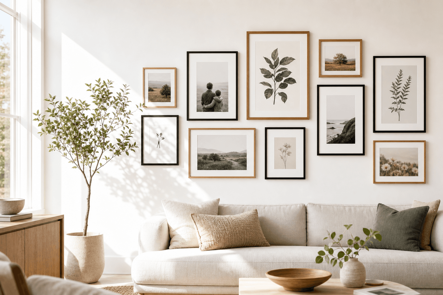 A measured gallery wall arrangement above a neutral sofa